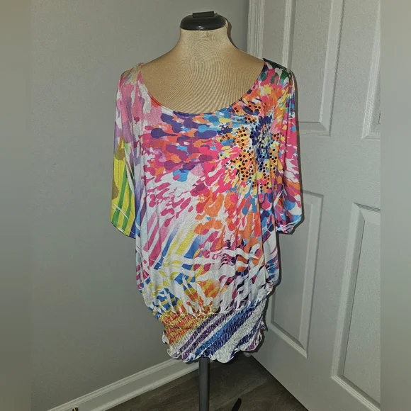 Deb Colorful Short Sleeve Abstract Print Top With Sequin Sz XL - Picture 3 of 5